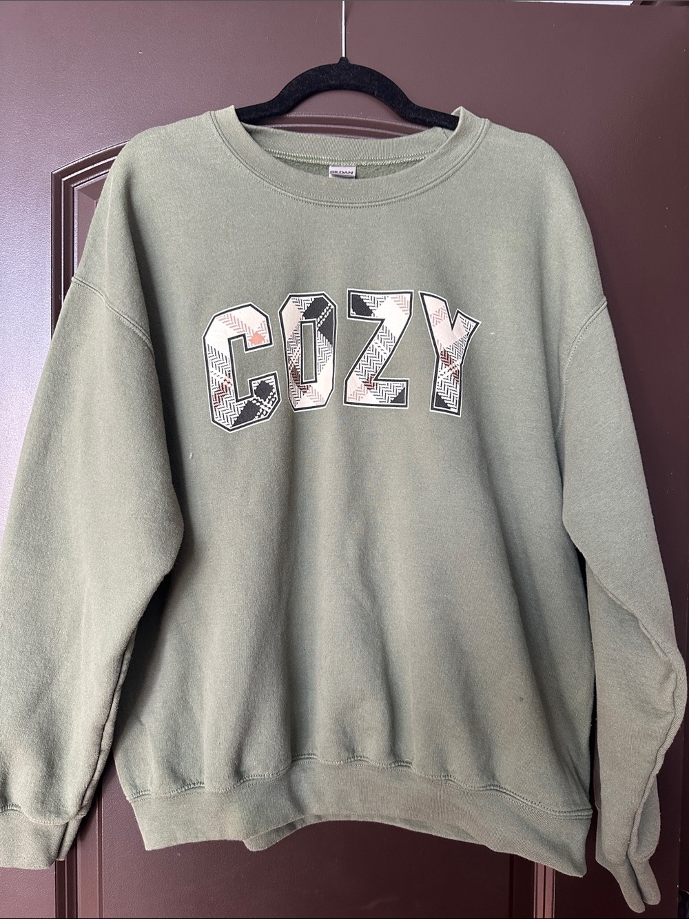 Gildan Olive Green 'COZY' Graphic Crewneck Sweatshirt